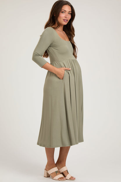 Light Olive Square Neck 3/4 Sleeve Maternity Midi Dress