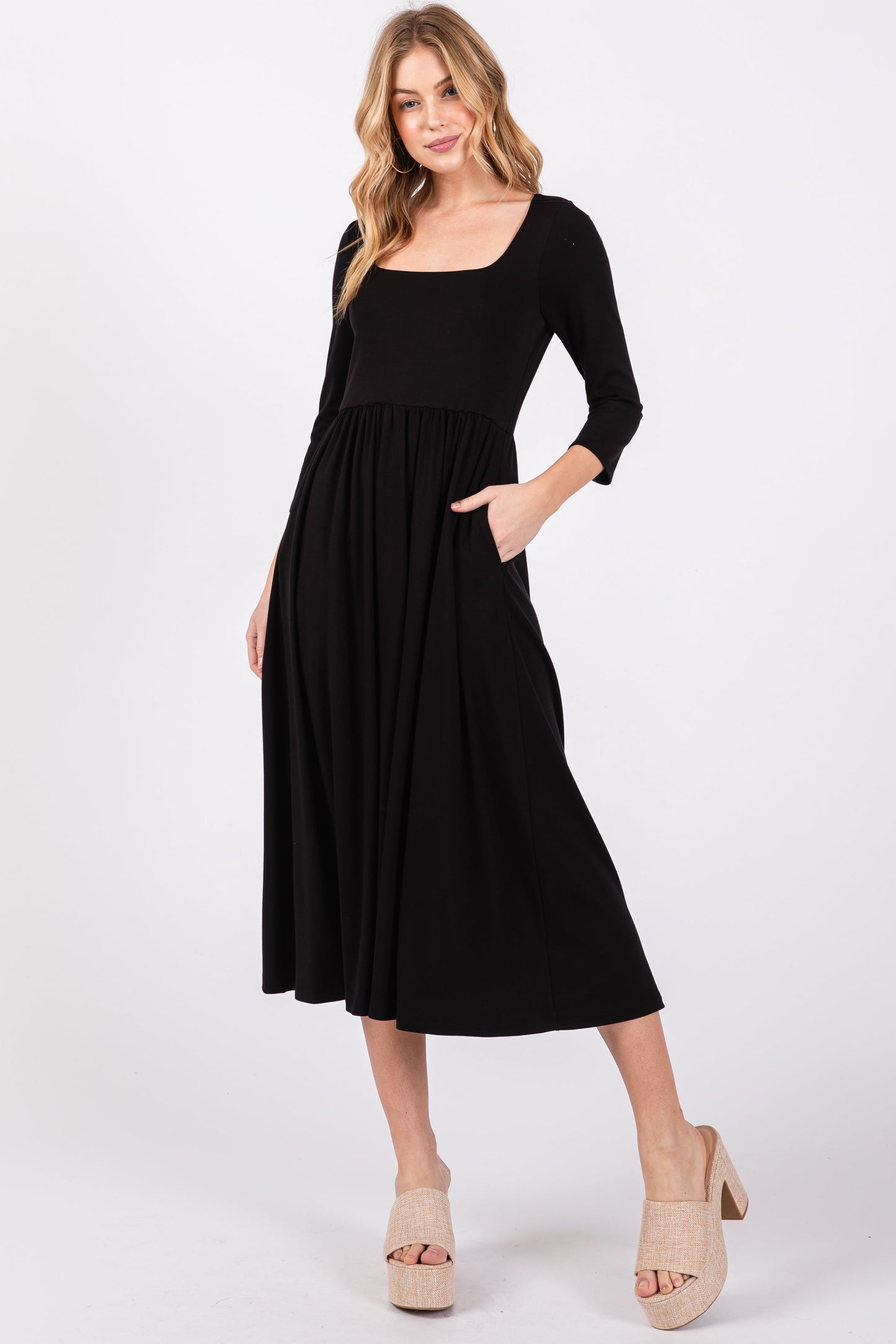 Black Square Neck 3/4 Sleeve Maternity Midi Dress