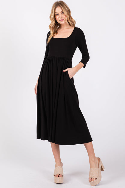 Black Square Neck 3/4 Sleeve Maternity Midi Dress