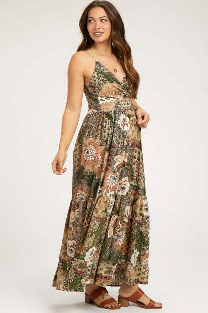 Olive Floral Paisley Front Twist Maternity Maxi Dress