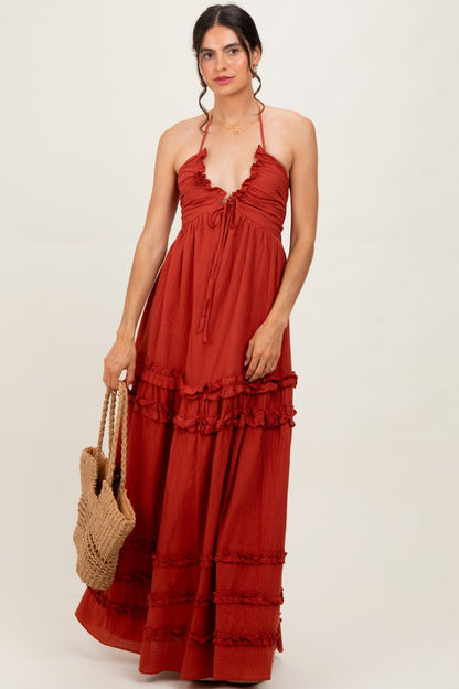 Rust Ruffle Ruched Deep V-Neck Maternity Maxi Dress
