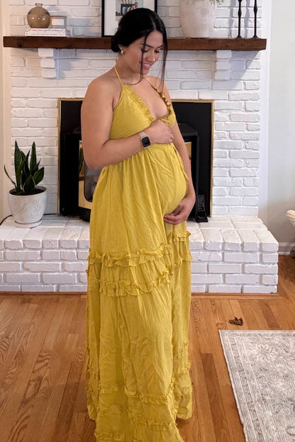 Yellow Ruffle Ruched Deep V-Neck Maternity Maxi Dress