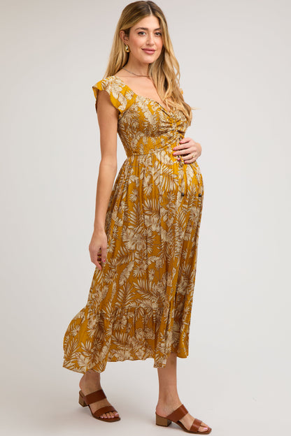 Yellow Tropical Print Smocked Short Sleeve Maternity Maxi Dress
