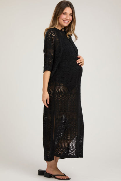 Black Open Knit Front Tie Side Slit Midi Maternity Swim Cover Up