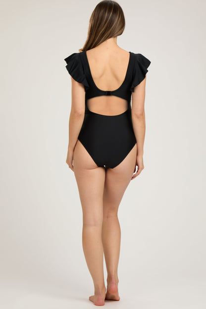 Black Crochet Detail Ruched Maternity One Piece Swimsuit