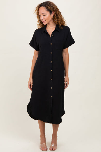Black Button Down Front Pocket Maternity Midi Dress