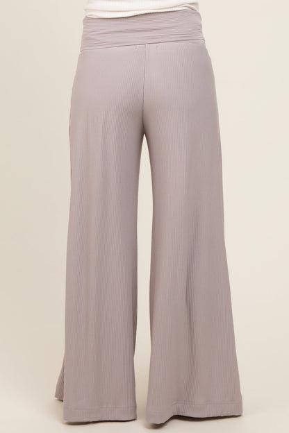 Grey Ribbed Foldover Waist Maternity Wide Leg Pants