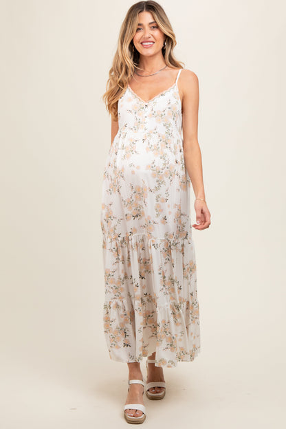 Cream Floral Sleeveless Tiered Maternity Maxi Dress