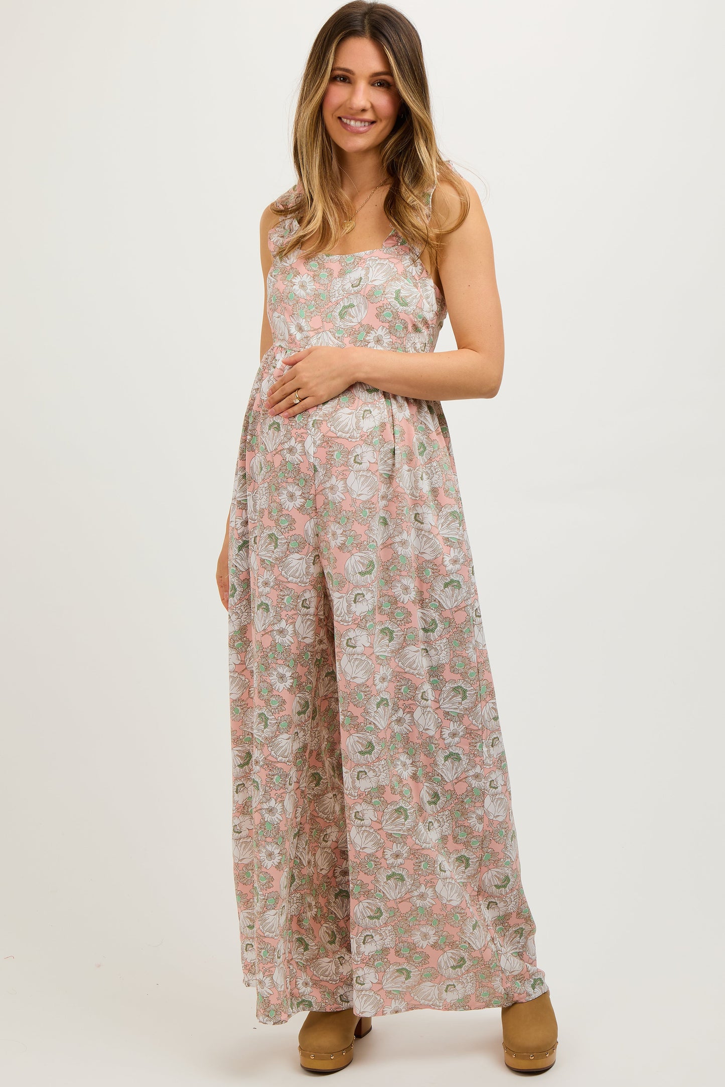 Light Pink Floral Sleeveless Tie Back Maternity Jumpsuit