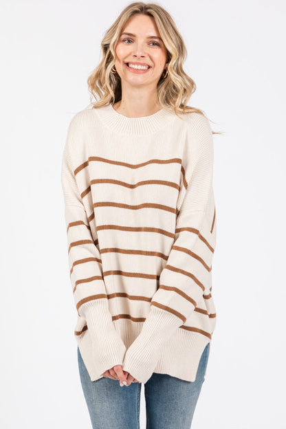 Beige Striped Drop Shoulder Maternity Sweater