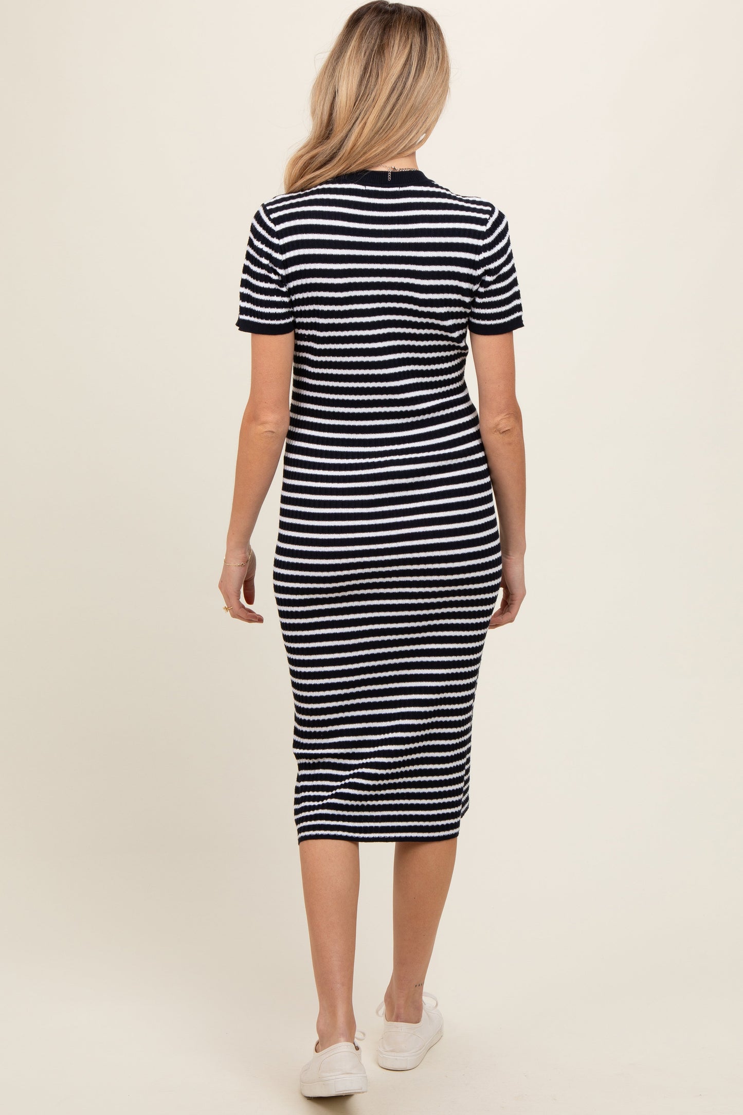 Navy Striped Knit Maternity Midi Dress