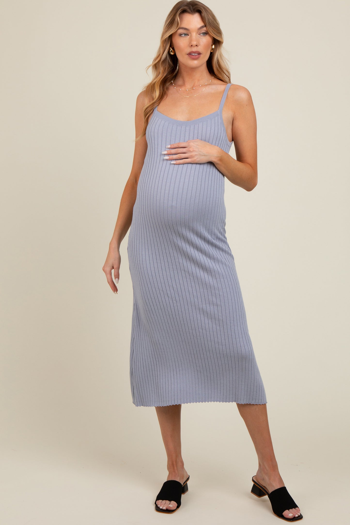 Light Blue Square Neck Ribbed Sleeveless Maternity Midi Dress