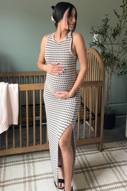 Beige Striped Knit Fitted Sleeveless Maternity Maxi Dress