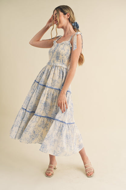 Light Blue Floral Sleeveless Ruffle Tiered Maternity Midi Dress
