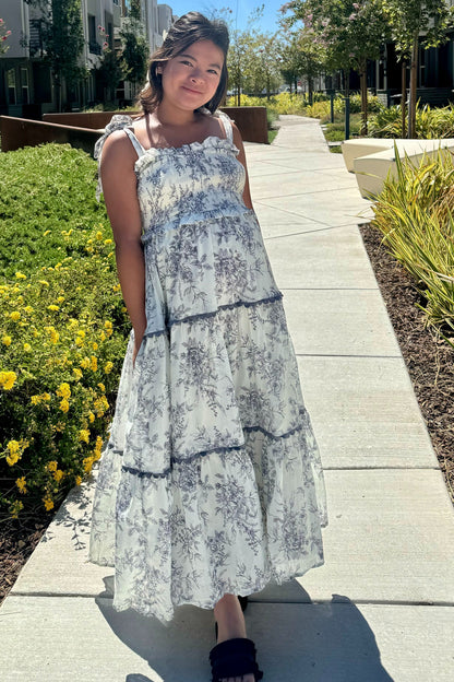 Charcoal Floral Sleeveless Ruffle Tiered Maternity Midi Dress