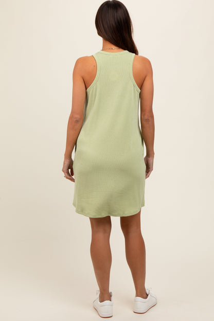 Sage Ribbed Sleeveless Pocketed Maternity Dress