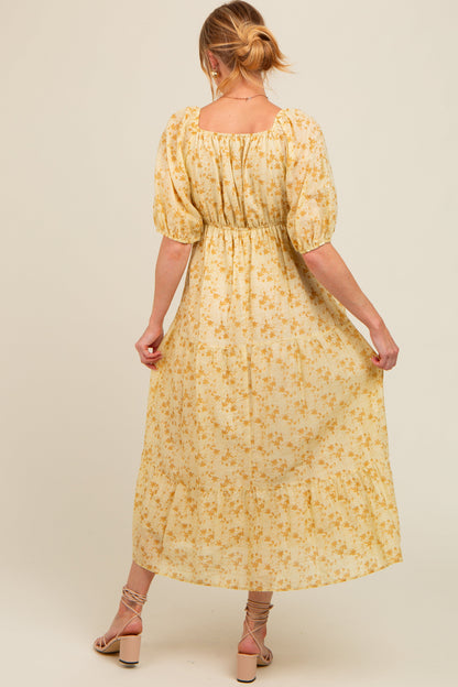 Yellow Floral V-Neck Tiered Maternity Midi Dress