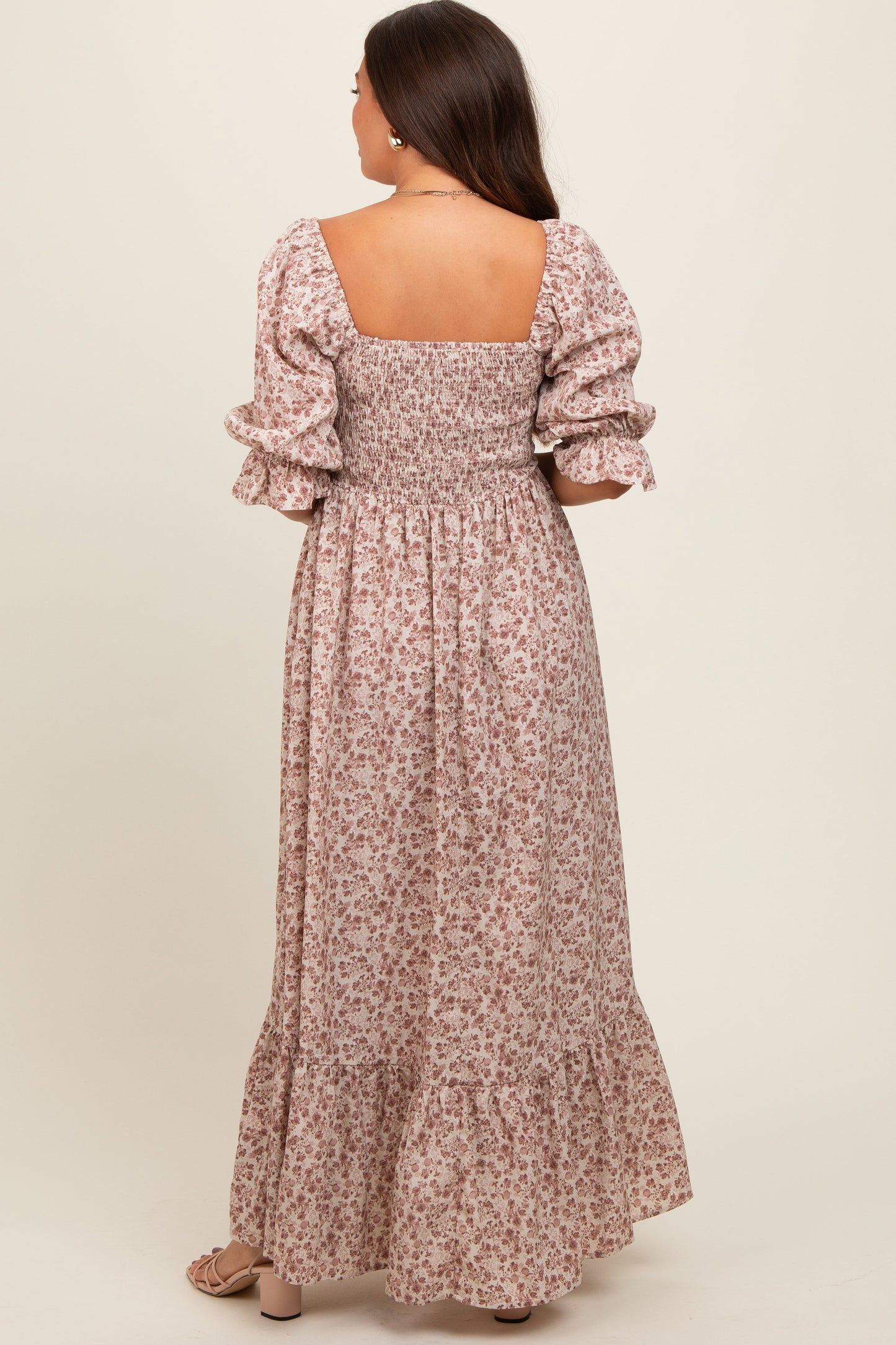 Cream Sweetheart Neck Smocked Ruffle Hem Maternity Maxi Dress
