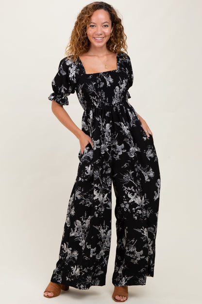 Black Floral Smocked Square Neck Wide Leg Maternity Jumpsuit