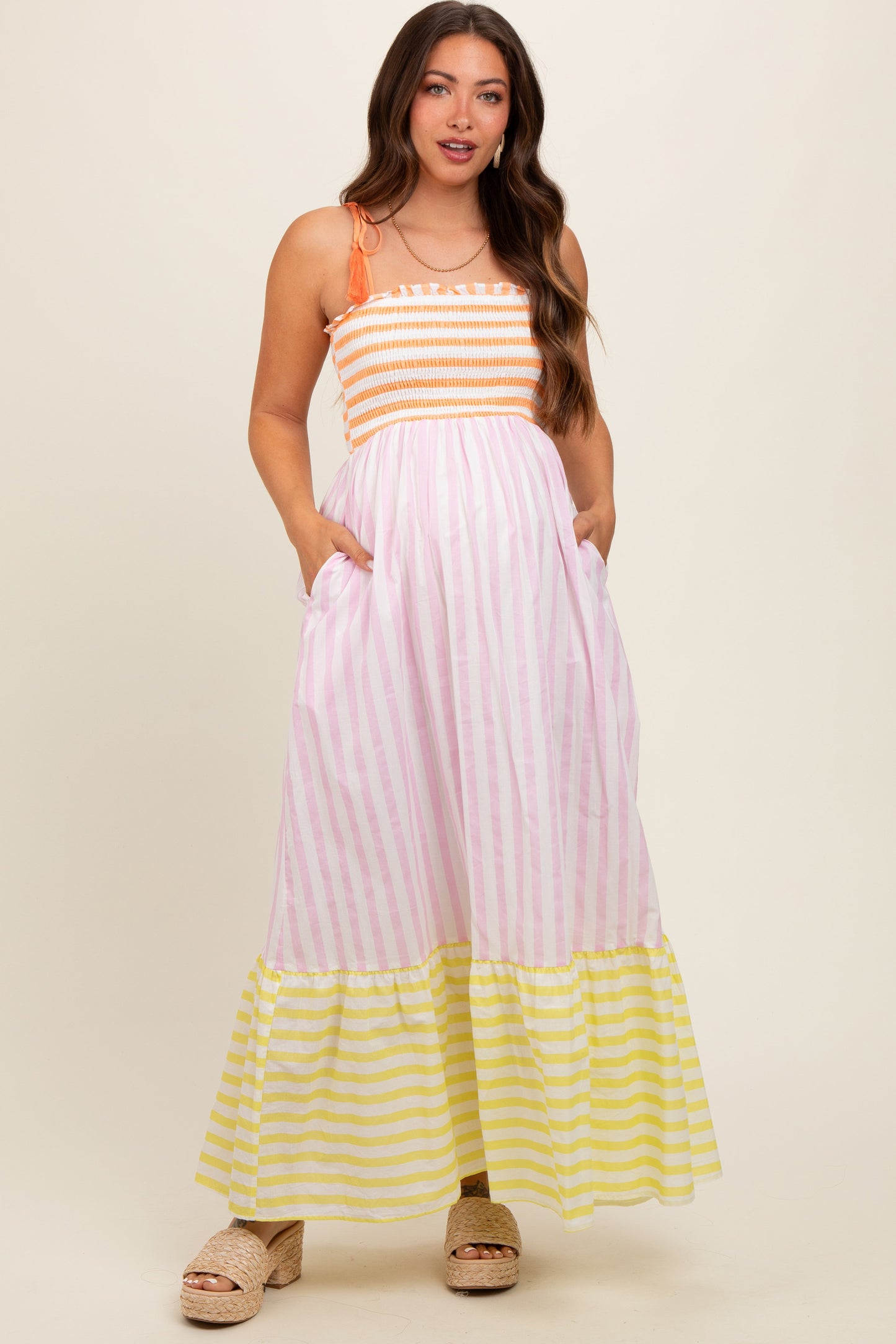 Multi-Color Striped Color Block Shoulder Tie Maternity Maxi Dress