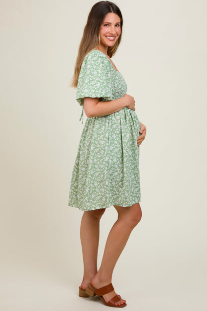Light Olive Floral Smocked Tie Back Maternity Dress