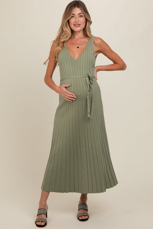 Light Olive Pleated V-Neck Waist Tie Sweater Maternity Maxi Dress