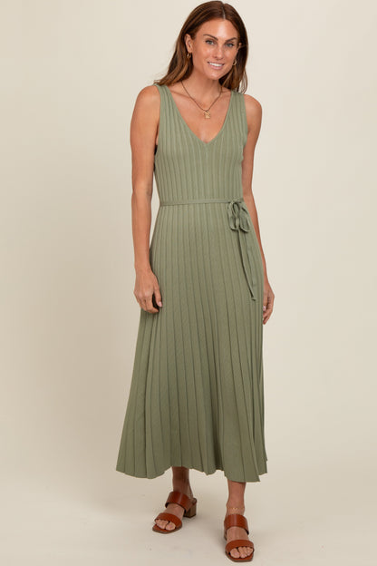 Light Olive Pleated V-Neck Waist Tie Sweater Maternity Maxi Dress