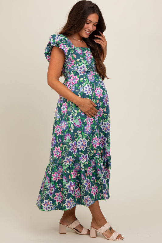 Green Floral Square Neck Puffy Sleeves Maternity Dress
