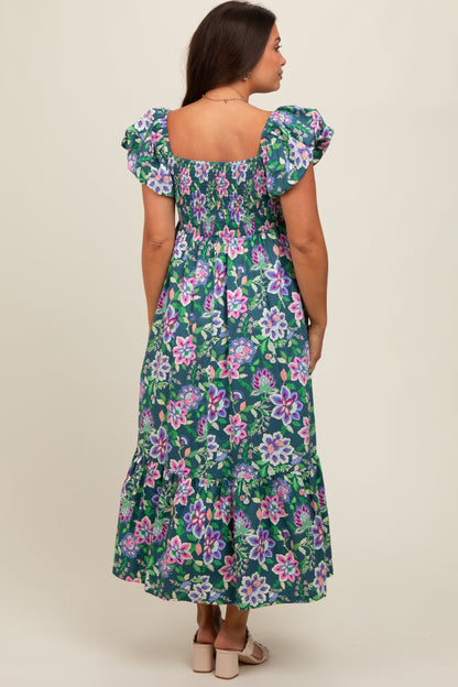 Green Floral Square Neck Puffy Sleeves Maternity Dress
