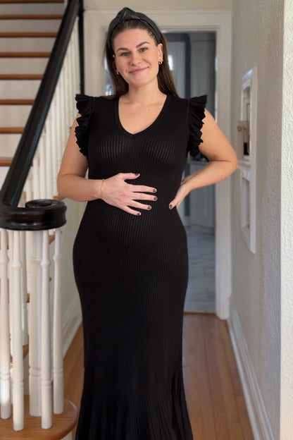 Black Ruffle Sleeve Mermaid Hem Maternity Midi Dress