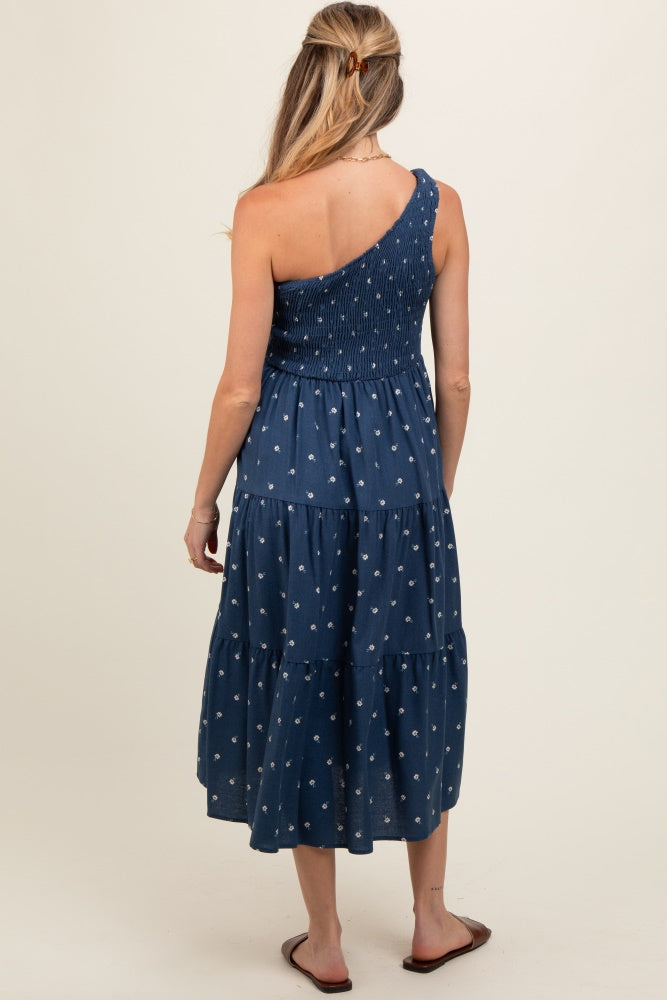 Navy Blue Floral Linen Smocked One Shoulder Tiered Maternity Midi Dress
