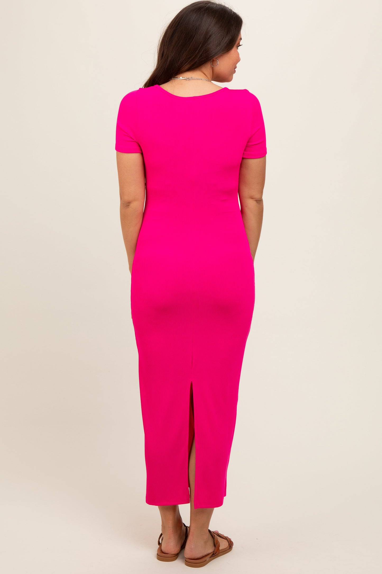 Fuchsia Ribbed Fitted Maternity Midi Dress