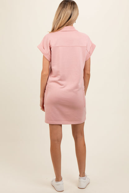 Pink Terry Cuff Sleeve Pocketed Collared Maternity Dress