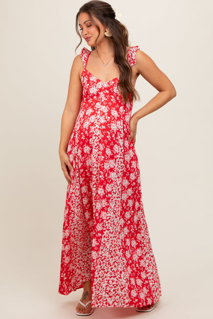 Red Floral Ruffle Shoulder Cut-Out Back Maternity Maxi Dress