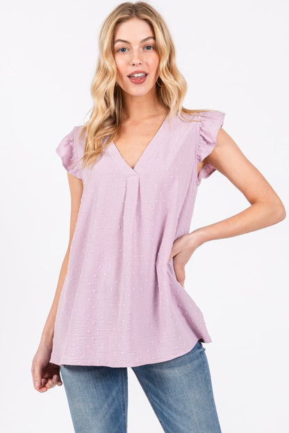 Lavender Swiss Dot Flutter Sleeve V-Neck Maternity Top