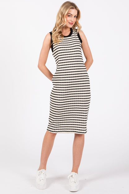 Cream Black Striped Sleeveless Fitted Knit Maternity Dress