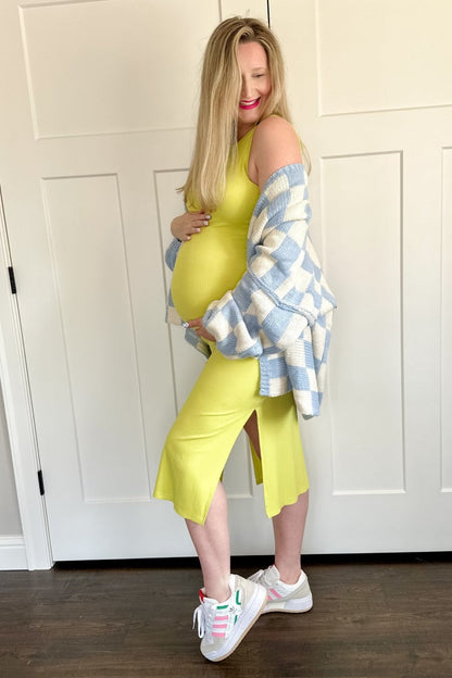 Yellow Ribbed Maternity Side Slit Tank Dress