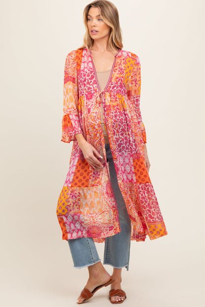 Pink Floral Paisley Metallic Striped Tie Front Maternity Cover Up