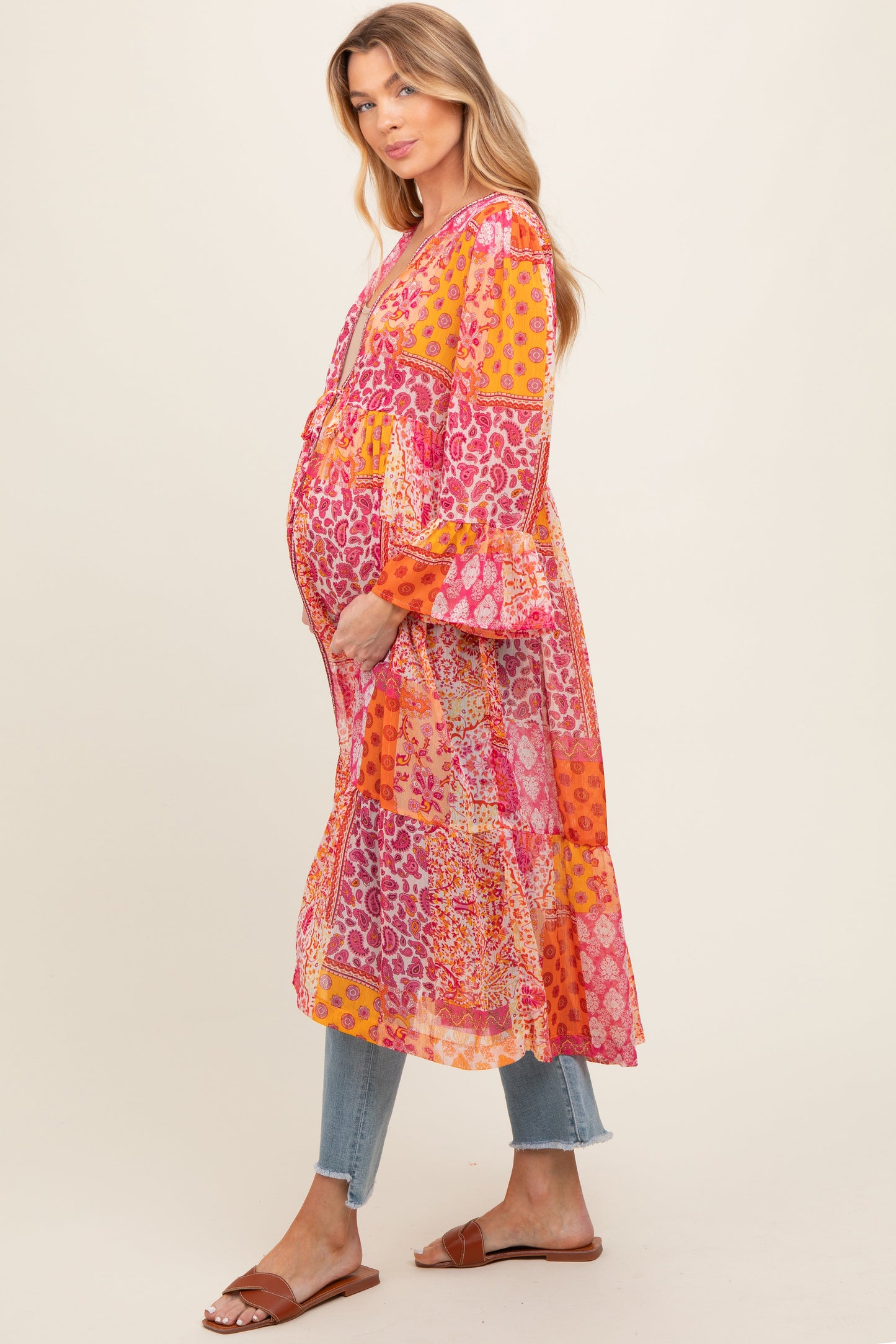 Pink Floral Paisley Metallic Striped Tie Front Maternity Cover Up
