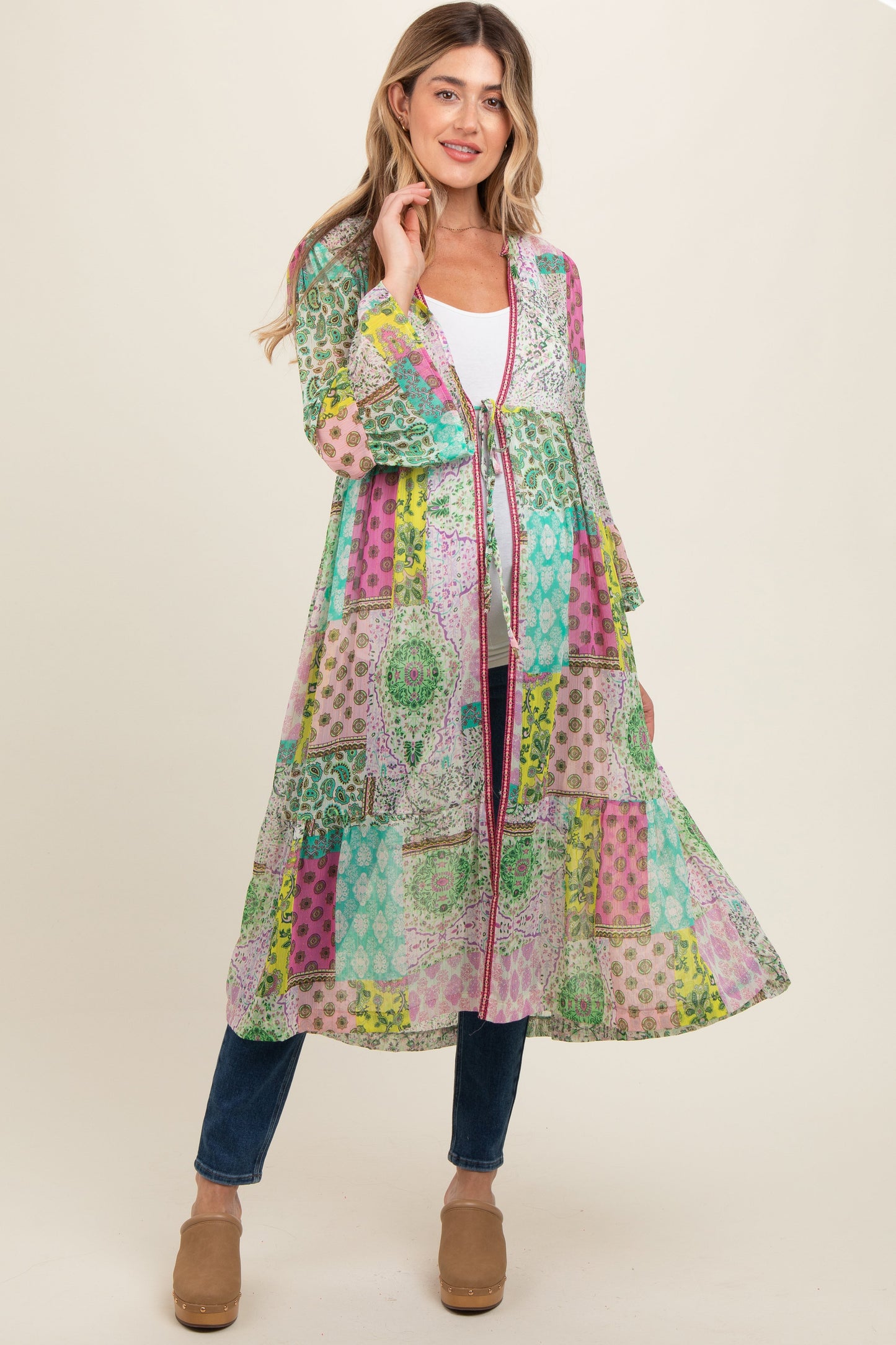 Green Floral Paisley Metallic Striped Tie Front Maternity Cover Up