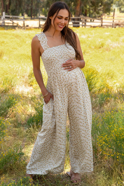 Cream Floral Flowy Maternity Jumpsuit