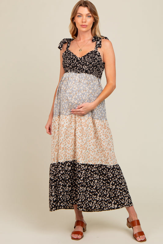 Multicolor Floral Colorblock Tier Shoulder Tie Maternity Maxi Dress