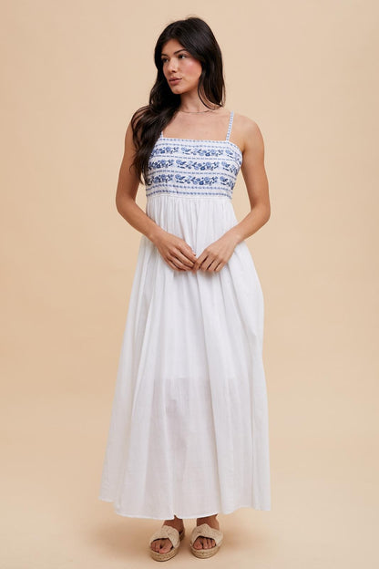 Navy Blue Floral Embroidered Lace-Up Back Maternity Maxi Dress