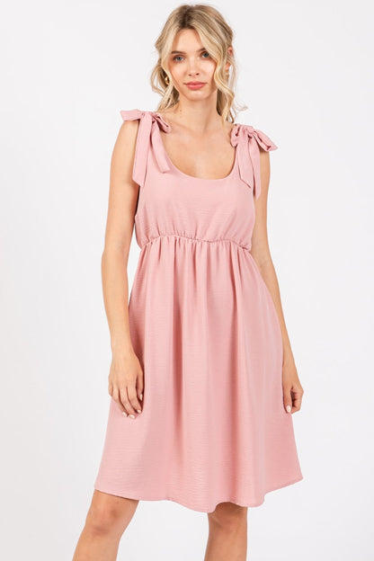 Pink Solid Tie-Shoulder Scoop Neck Maternity Dress