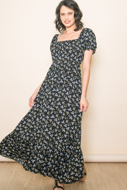 Black Floral Short Sleeve Maternity Maxi Dress