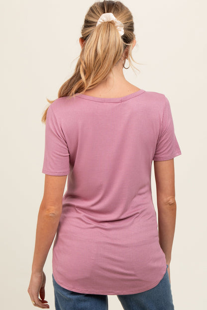 Mauve Ribbed Short Sleeve Button Detail Maternity Top